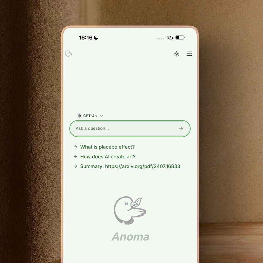 Anoma AI research assistant on mobile, showing a question input and suggested paper summaries