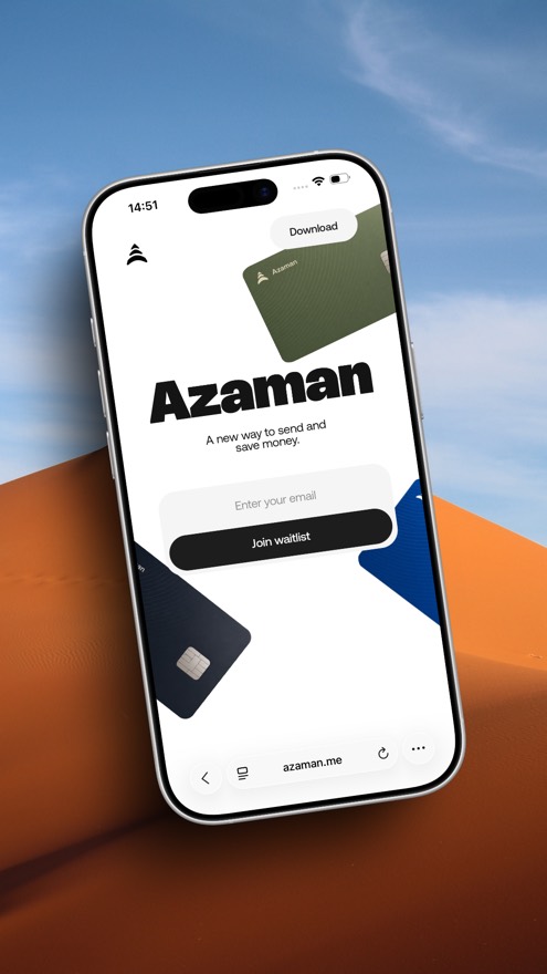 Azaman fintech landing page on an iPhone, with a waitlist signup for a money transfer and savings app