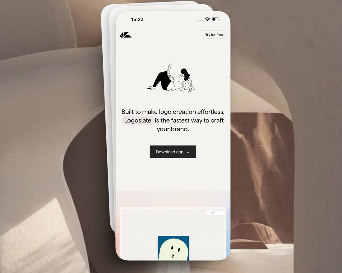 Logoslate mobile landing screens for a logo creation app, with a download call to action