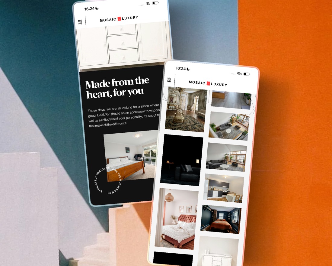 Mosaic Luxury interior design storefront on mobile, with an editorial hero and a furniture gallery grid