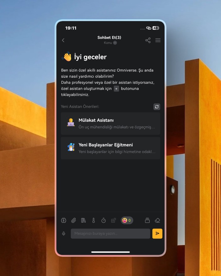 Omniverse AI chat assistant in dark mode, offering custom assistant presets in a mobile conversation