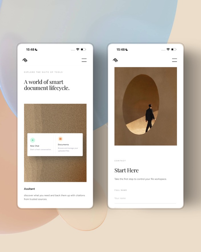 Smart document workspace app on mobile, pairing an AI assistant home screen with an onboarding form