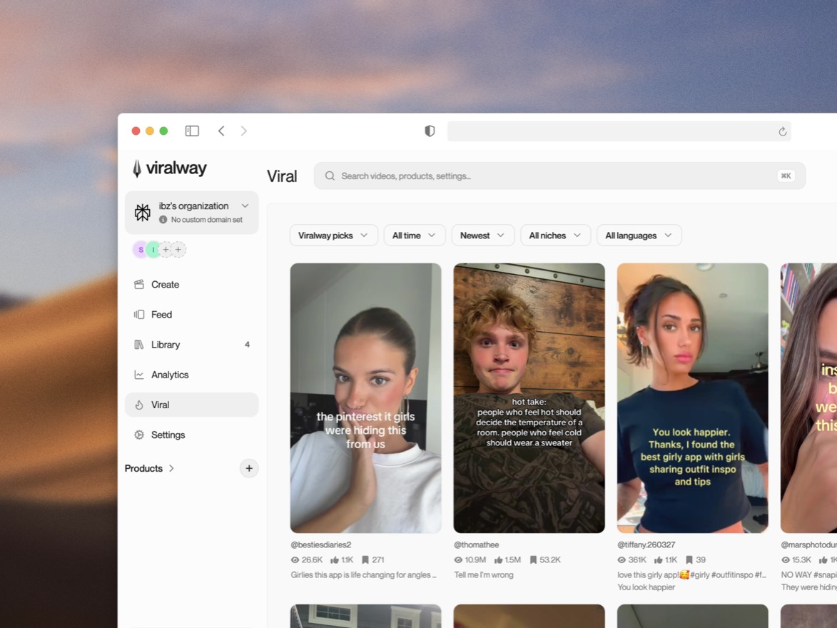 Viralway AI UGC app showing a viral video feed with filters, analytics in the sidebar, and generated clips